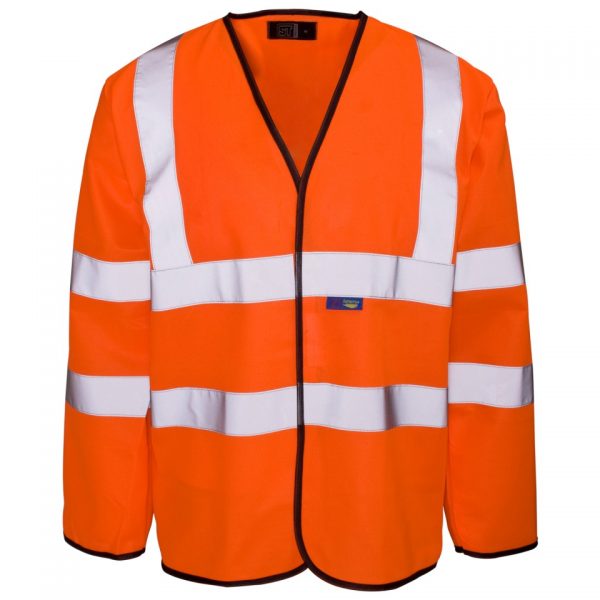 Custom printed hi vis orange long sleeve vests with velcro