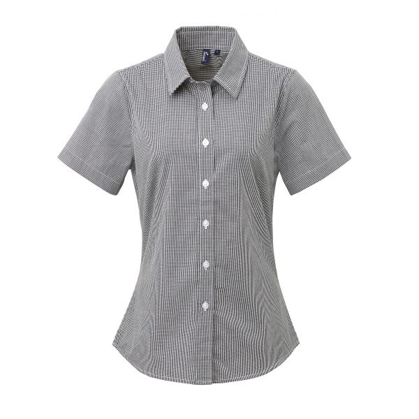 This ladies microcheck gingham short sleeve cotton shirt is available in four great colours and a range of sizes. You choose the colour and we will custom embroider your brand name or company logo. These branded fitted style microcheck ladies shirts are another great option for your corporate workwear or company uniform collection.