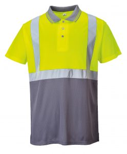 This hi vis with logo two tone polo shirt with its modern design and comfort are a great addition to your hi visibility customised workwear collection. From Portwest these two tone polo shirt with a navy and new grey contrast is ideal for warm dirty environments where hi-vis protection is required and can be custom printed with your brand name or company logo.